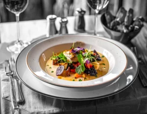 Plat création signature pigeon rôti